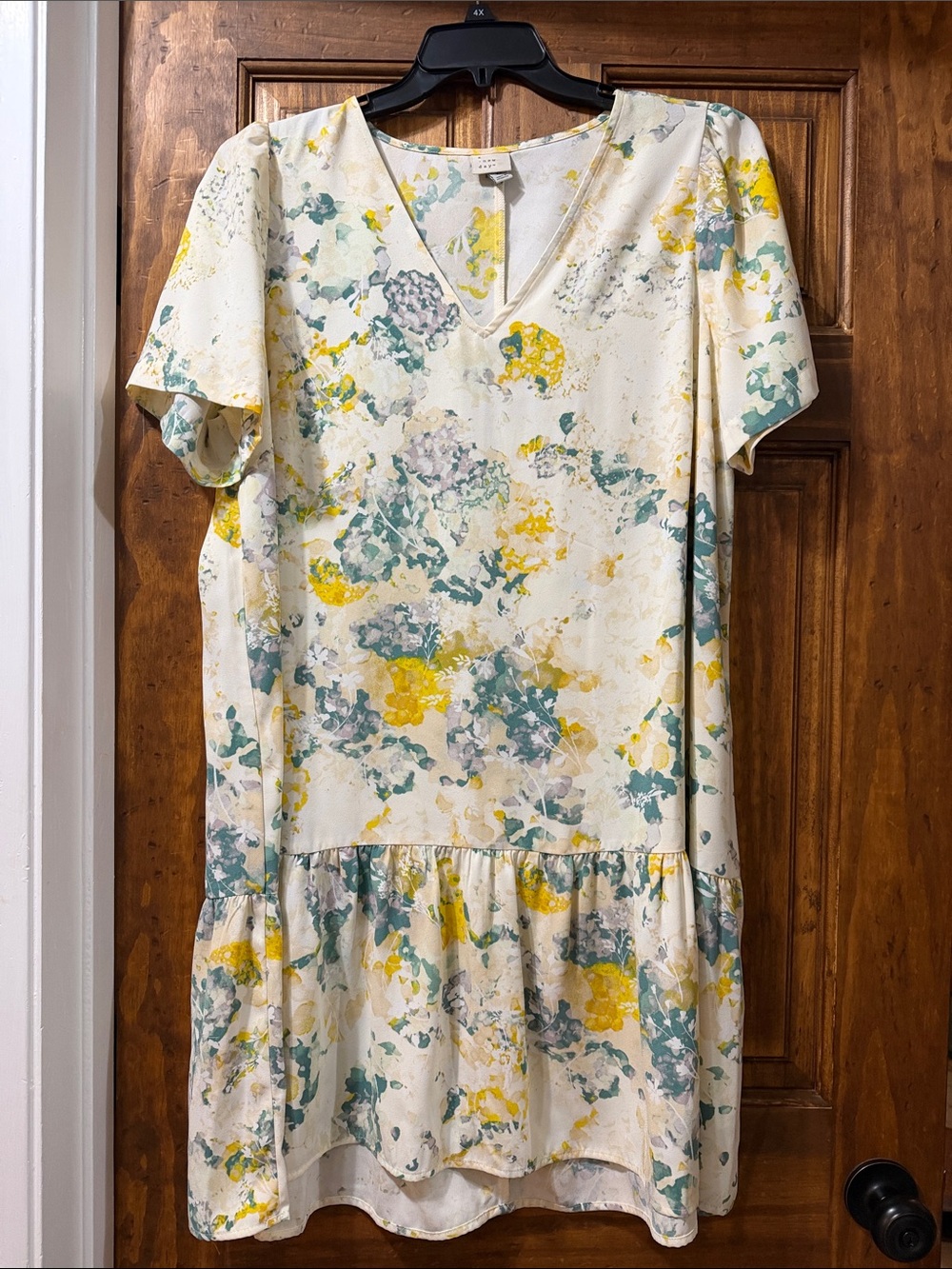 a new day Cream Floral V-Neck Short Sleeve Dress with Yellow & Green Accents
